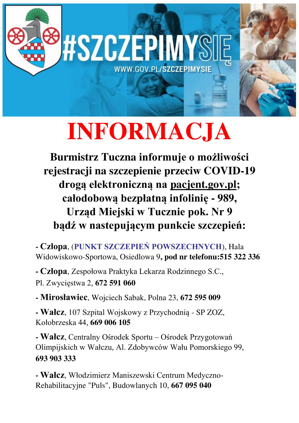 Informacja Burmistrza Tuczna - punkty szczepień