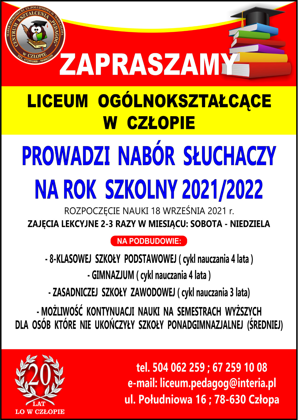 Nabór słuchaczy na rok szkolny 2021/2022 - Pedagog Człopa