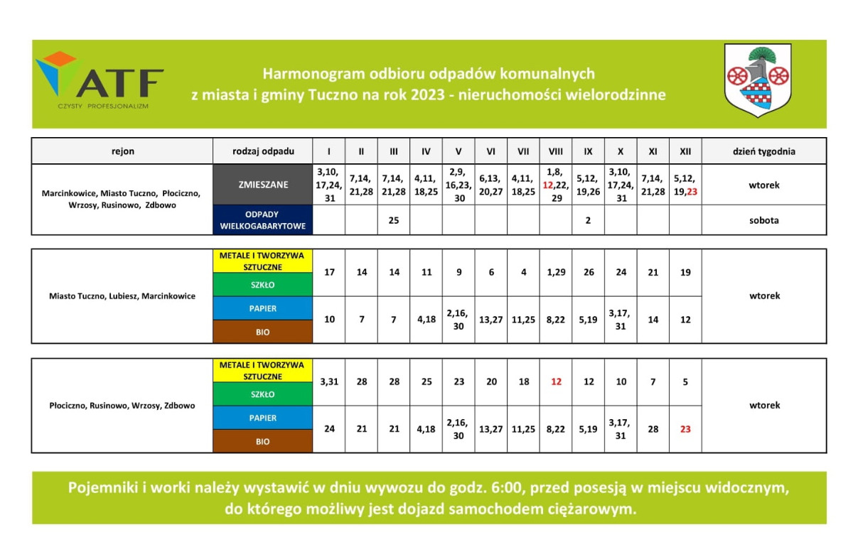Harmonogram wywozu odpadów komunalnych obowiązujący na rok 2023 - nieruchomości WIELORODZINNE