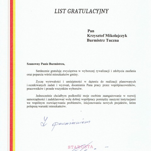 Powiększ obraz: List gratulacyjny Bogdan Wankiewicz