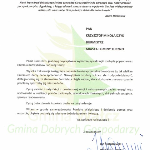 Powiększ obraz: List gratulacyjny Jan Matuszewski