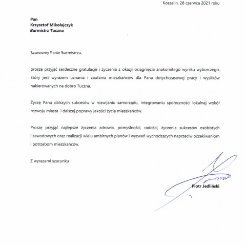 Powiększ obraz: List gratulacyjny Piotr Jedliński