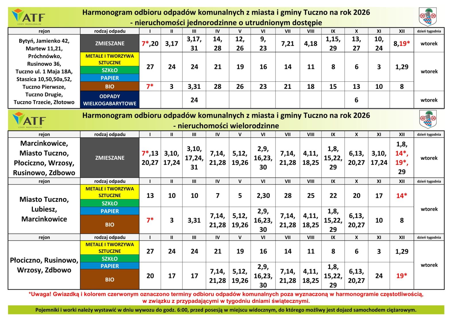 Harmonogram wywozu odpad&oacute;w komunalnych obowiązujący na rok 2026