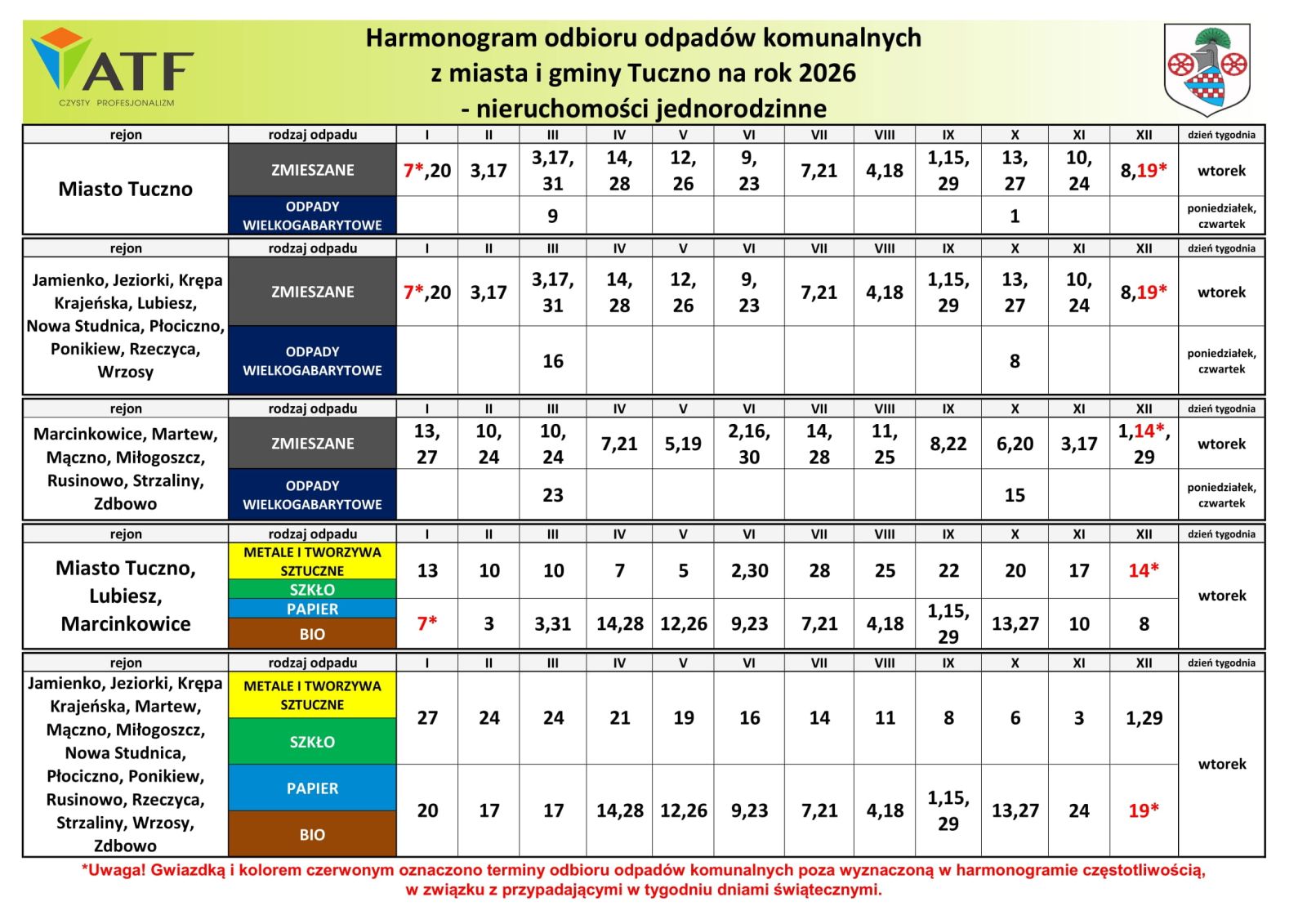 Zdjęcie: Harmonogram wywozu odpadów komunalnych obowiązujący na rok 2026